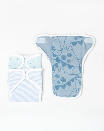 BeeLittle Blue Dino Velcro Nappy-Organic Cotton-Washable & Reusable-0 to 3M-Pack of 3