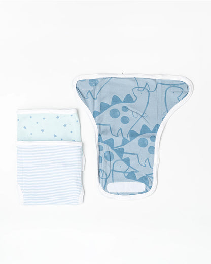 BeeLittle Blue Dino Velcro Nappy-Organic Cotton-Washable & Reusable-0 to 3M-Pack of 3