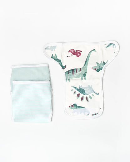 BeeLittle Green Dino Velcro Nappy-Organic Cotton-Washable & Reusable-0 to 3M-Pack of 3