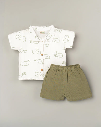 BeeLittle White & Olive Green T-shirt & Shorts Set-Whale Print-Cotton-For Infants
