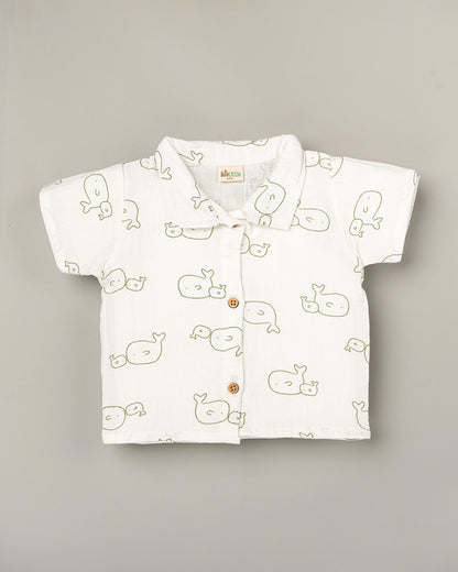 BeeLittle White & Olive Green T-shirt & Shorts Set-Whale Print-Cotton-For Infants