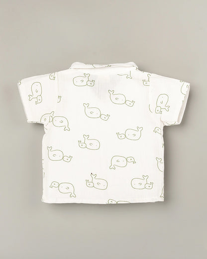 BeeLittle White & Olive Green T-shirt & Shorts Set-Whale Print-Cotton-For Infants