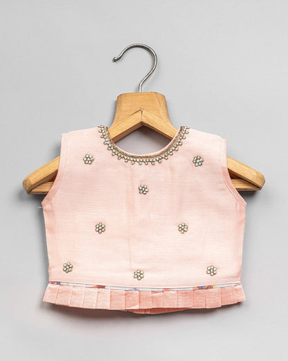 BeeLittle Peach & Light Blue Top & Lehenga Set-Embroidered-Cotton Blend-For Infants