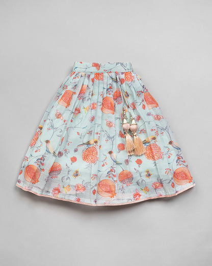 BeeLittle Peach & Light Blue Top & Lehenga Set-Embroidered-Cotton Blend-For Infants