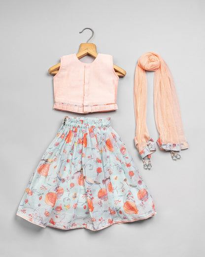 BeeLittle Peach & Light Blue Top & Lehenga Set-Embroidered-Cotton Blend-For Infants