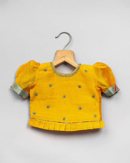 BeeLittle Mustard & Sage Green Top & Lehenga Set-Embroidered-Cotton Blend-For Infants