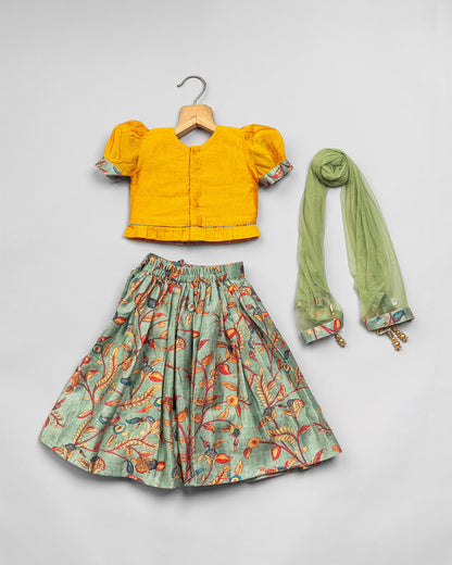 BeeLittle Mustard & Sage Green Top & Lehenga Set-Embroidered-Cotton Blend-For Infants