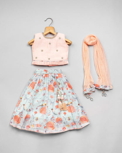 BeeLittle Peach & Light Blue Top & Lehenga Set-Embroidered-Cotton Blend-For Infants