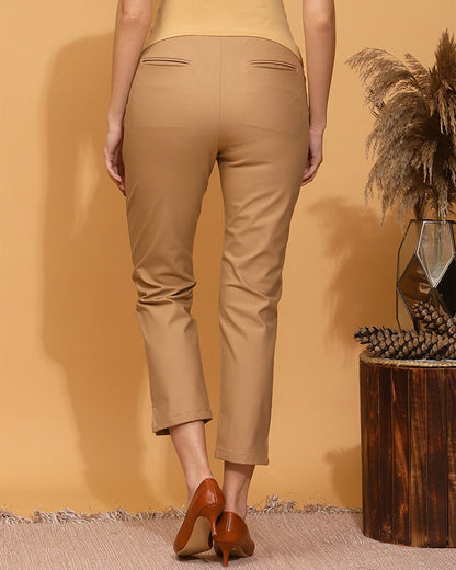 Wobbly Walk Beige Maternity Trouser-Solid Color-Cotton Lycra-Straight Fit-Bump Friendly