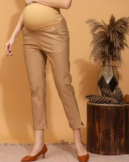 Wobbly Walk Beige Maternity Trouser-Solid Color-Cotton Lycra-Straight Fit-Bump Friendly