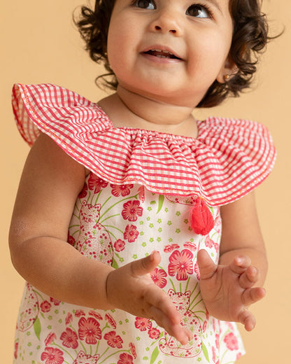 The Almirah White & Pink Romper-Cat-Cotton-For Infants