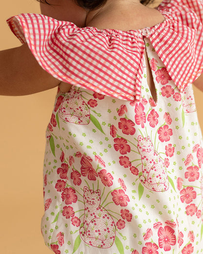 The Almirah White & Pink Romper-Cat-Cotton-For Infants