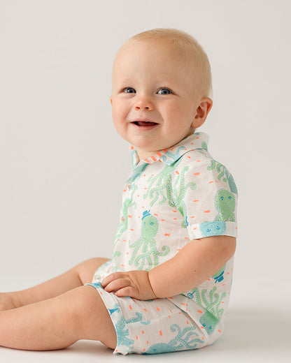 The Almirah White & Mint Half Romper-Octopus-Cotton-For Infants