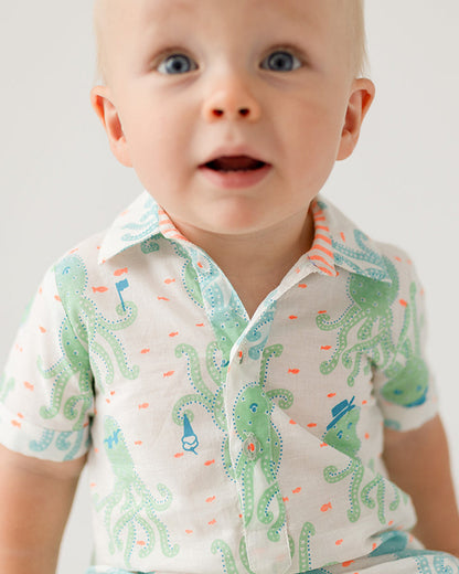 The Almirah White & Mint Half Romper-Octopus-Cotton-For Infants