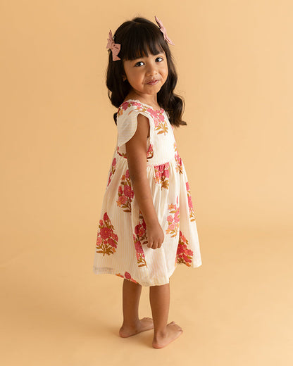 The Almirah White & Pink Dress-Bouquet-Cotton-For Infants