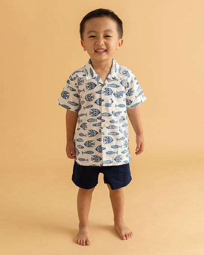 The Almirah White & Navy Blue Shirt & Shorts Set-Inkfish-Cotton-For Infants