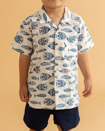 The Almirah White & Navy Blue Shirt & Shorts Set-Inkfish-Cotton-For Infants