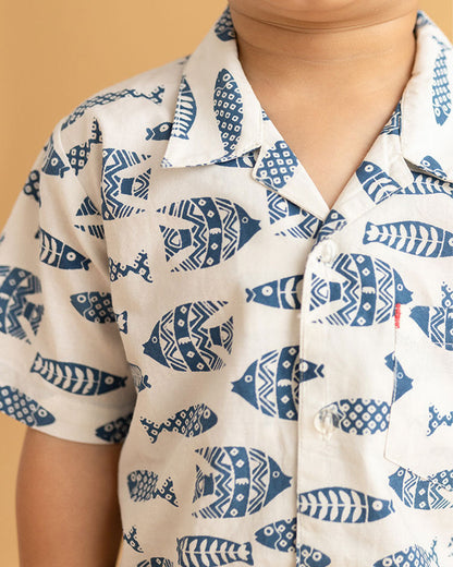 The Almirah White & Navy Blue Shirt & Shorts Set-Inkfish-Cotton-For Infants