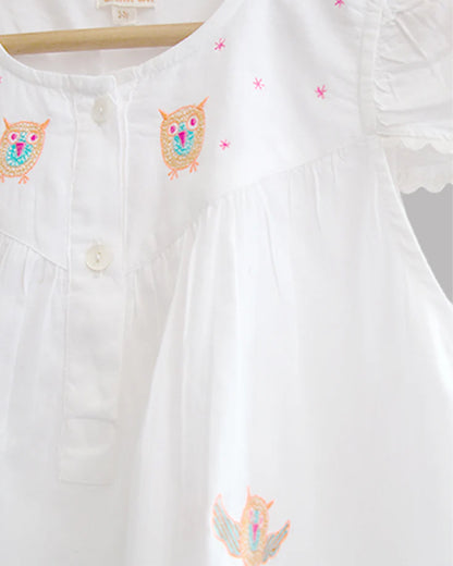 The Almirah White Dress-White Owl-Cotton-For Infants
