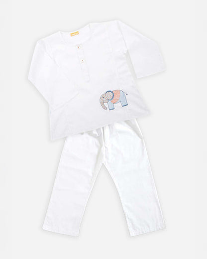 The Almirah White Jhabla Set-Hathi-Cotton-For Infants