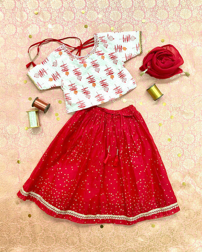 The Almirah White & Red Lehenga Set-Nimbu-Chanderi & Silk-For Infants