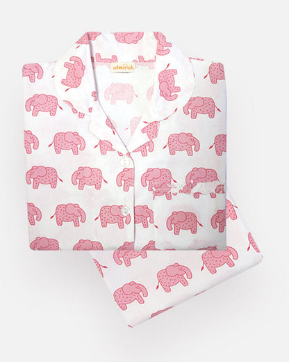 The Almirah White & Pink Nightsuit-Hathi March-Cotton-For Infants
