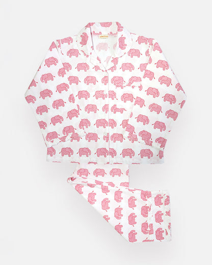 The Almirah White & Pink Nightsuit-Hathi March-Cotton-For Infants
