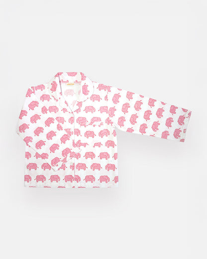 The Almirah White & Pink Nightsuit-Hathi March-Cotton-For Infants