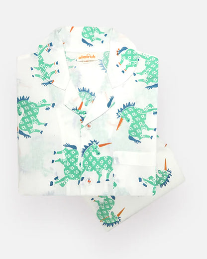 The Almirah White & Green Nightsuit-Unicorn-Cotton-For Infants