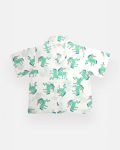 The Almirah White & Green Nightsuit-Unicorn-Cotton-For Infants