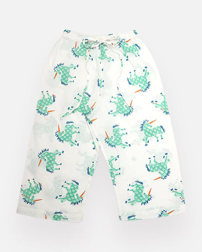 The Almirah White & Green Nightsuit-Unicorn-Cotton-For Infants