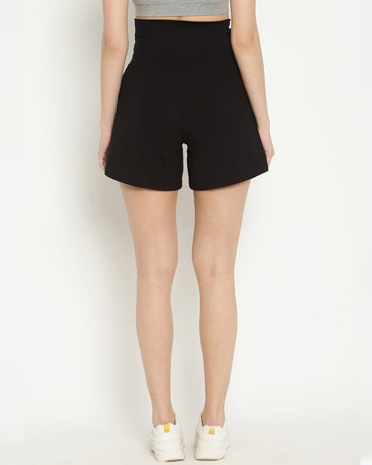 Wobbly Walk Black Maternity Shorts-Solid Color-Cotton-Loose Fit-Bump Friendly