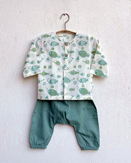 Whitewater Kids Sage Green Jhabla Set-Fish Motifs-100% GOTS Certified Organic Cotton-For Infants