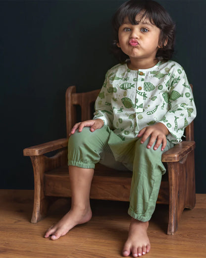 Whitewater Kids Sage Green Jhabla Set-Fish Motifs-100% GOTS Certified Organic Cotton-For Infants