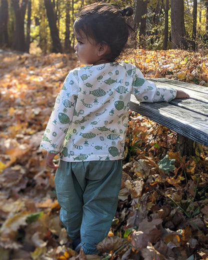 Whitewater Kids Sage Green Jhabla Set-Fish Motifs-100% GOTS Certified Organic Cotton-For Infants