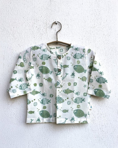 Whitewater Kids Sage Green Jhabla Set-Fish Motifs-100% GOTS Certified Organic Cotton-For Infants