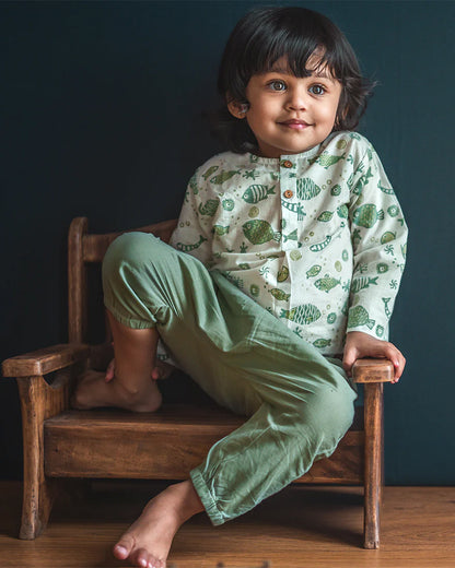 Whitewater Kids Sage Green Jhabla Set-Fish Motifs-100% GOTS Certified Organic Cotton-For Infants