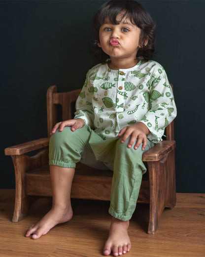 Whitewater Kids Sage Green Jhabla Set-Fish Motifs-100% GOTS Certified Organic Cotton-For Infants