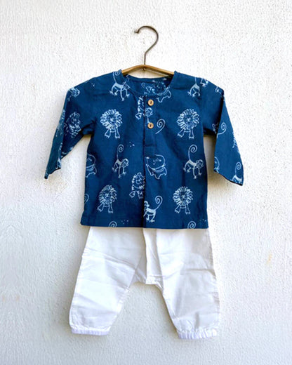 Whitewater Kids Indigo Jhabla Set-Zoo Print-100% Organic Cotton-For Infants