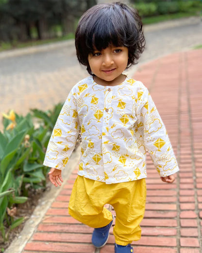 Whitewater Kids Yellow Jhabla Set-Kite Print-100% GOTS Certified Organic Cotton-For Infants