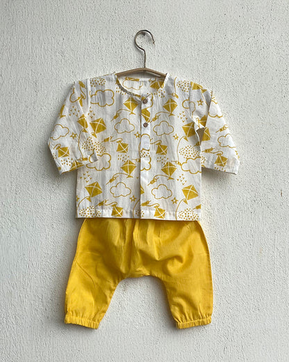 Whitewater Kids Yellow Jhabla Set-Kite Print-100% GOTS Certified Organic Cotton-For Infants