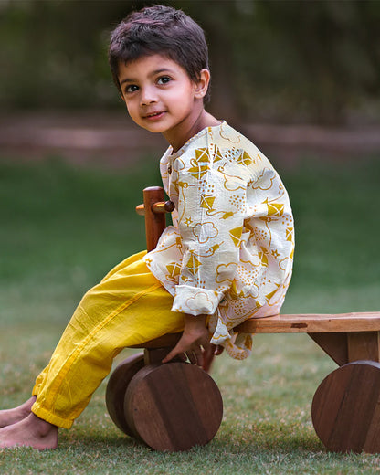 Whitewater Kids Yellow Jhabla Set-Kite Print-100% GOTS Certified Organic Cotton-For Infants