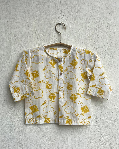 Whitewater Kids Yellow Jhabla Set-Kite Print-100% GOTS Certified Organic Cotton-For Infants