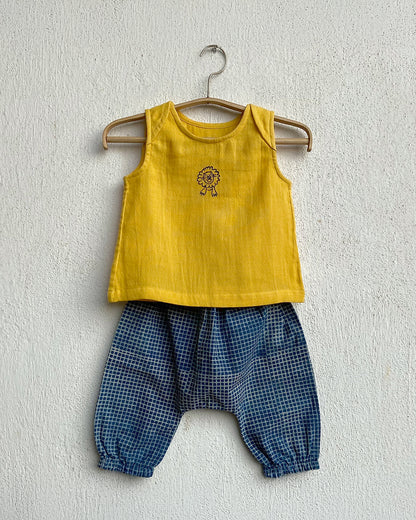 Whitewater Kids Yellow & Indigo Jhabla Set-Zoo Print-100% Organic Cotton-For Infants