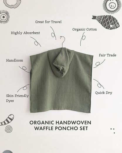 Whitewater Kids Baby Hooded Poncho Towel Set-Organic Cotton Waffle-Mint