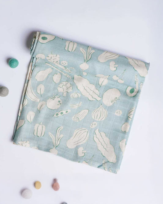 Cocoon Care Veggie Patch Party Bamboo Muslin Swaddle-Light Blue-Infant Wraps