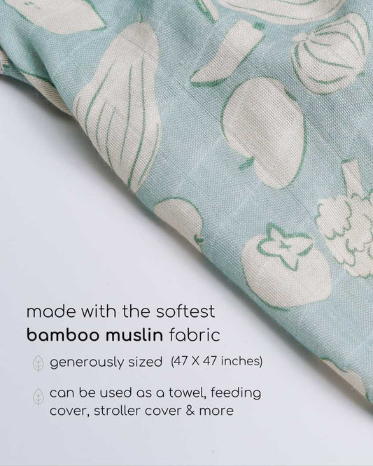 Cocoon Care Veggie Patch Party Bamboo Muslin Swaddle-Light Blue-Infant Wraps