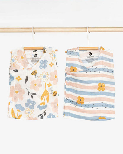 Cocoon Care Pastel Pink Kimono Jhabla-Busy Bee & Striped-Bamboo-Pack of 2-For Infants