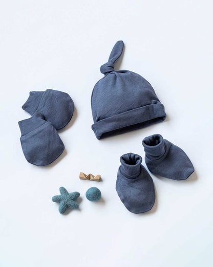 Cocoon Care Blue Caps, Booties & Mittens Set-Solid-Bamboo-For Infants