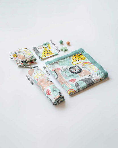 Cocoon Care Baby Shower Bedding Set-Pack of 4-Jungle Safari-Little Dreamer Gift Pack-For Newborn